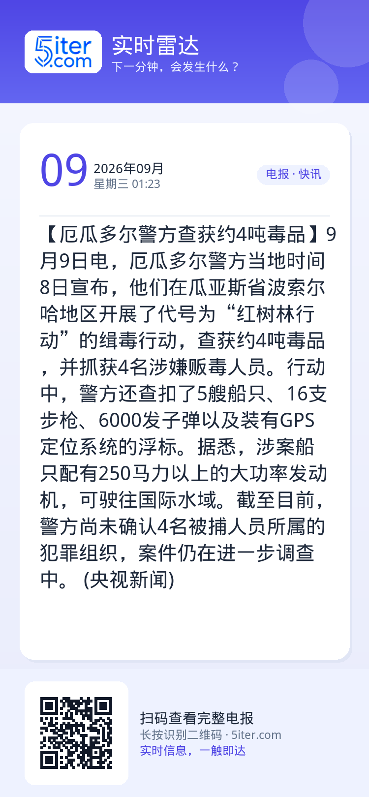 【厄瓜多尔警方查获约4吨毒品】9月9日电，厄瓜多尔警方当地时间8日宣布，他们在瓜亚斯省波索尔哈地区开展了代号为“红树林行
