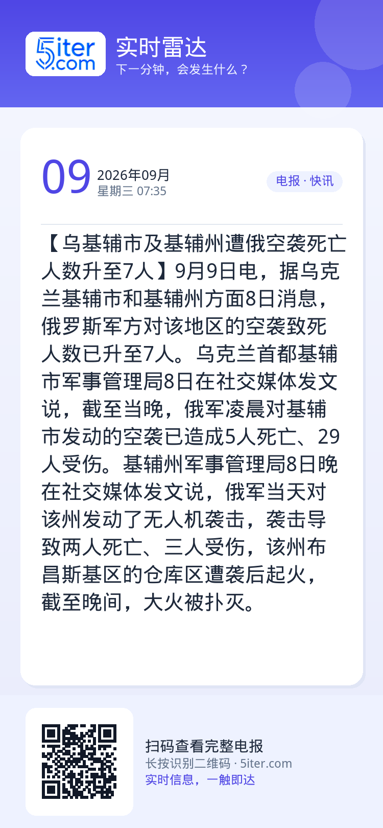 【乌基辅市及基辅州遭俄空袭死亡人数升至7人】9月9日电，据乌克兰基辅市和基辅州方面8日消息，俄罗斯军方对该地区的空袭致死
