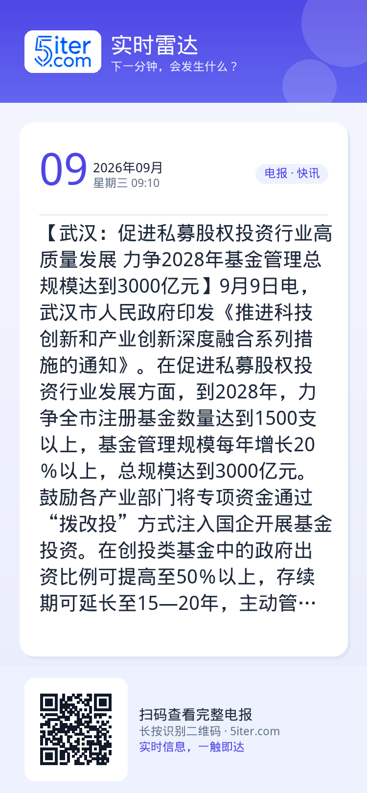 【武汉：促进私募股权投资行业高质量发展 力争2028年基金管理总规模达到3000亿元】9月9日电，武汉市人民政府印发《推