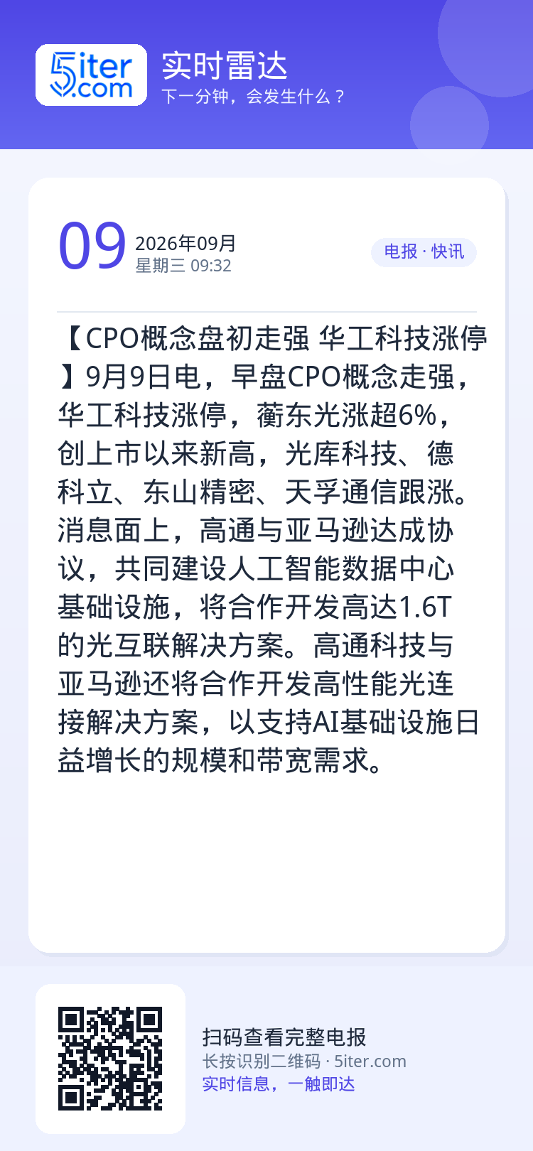 【CPO概念盘初走强 华工科技涨停】9月9日电，早盘CPO概念走强，华工科技涨停，蘅东光涨超6%，创上市以来新高，光库科