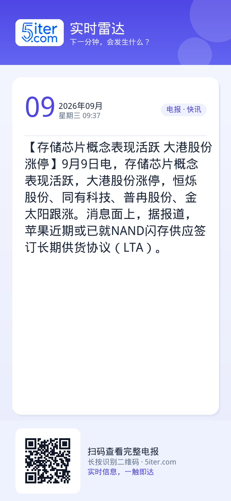 【存储芯片概念表现活跃 大港股份涨停】9月9日电，存储芯片概念表现活跃，大港股份涨停，恒烁股份、同有科技、普冉股份、金太
