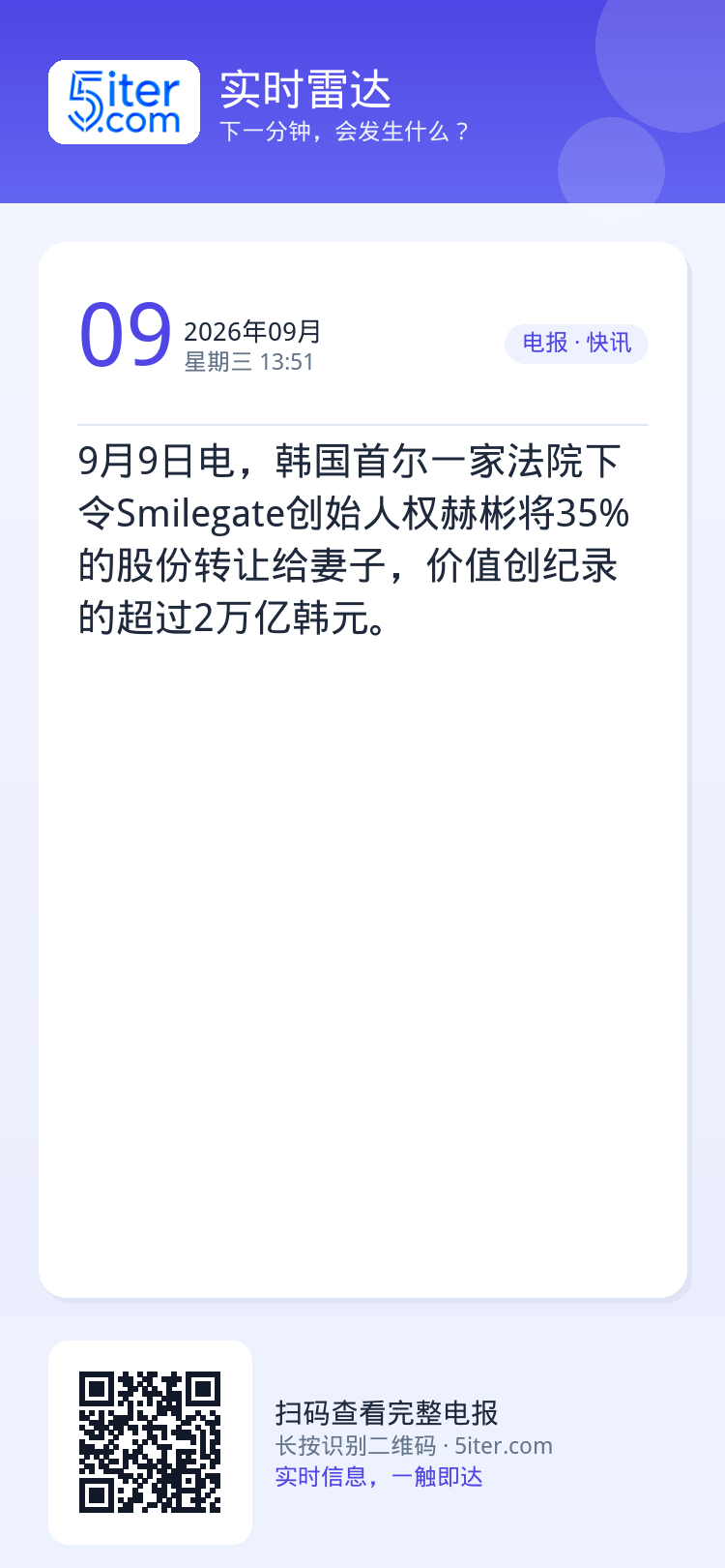 9月9日电，韩国首尔一家法院下令Smilegate创始人权赫彬将35%的股份转让给妻子，价值创纪录的超过2万亿韩元。