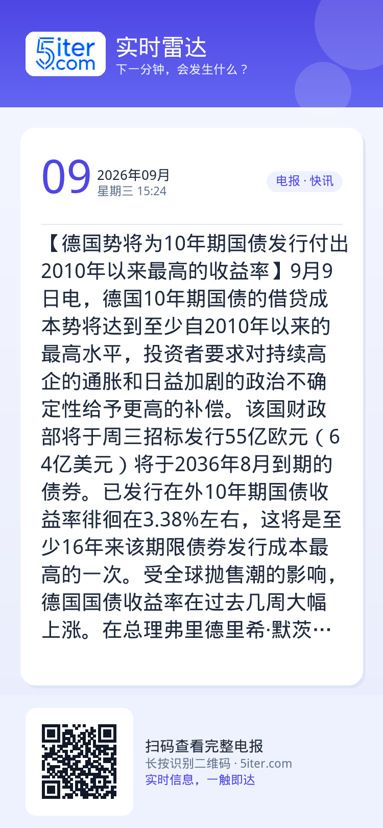 【德国势将为10年期国债发行付出2010年以来最高的收益率】9月9日电，德国10年期国债的借贷成本势将达到至少自2010