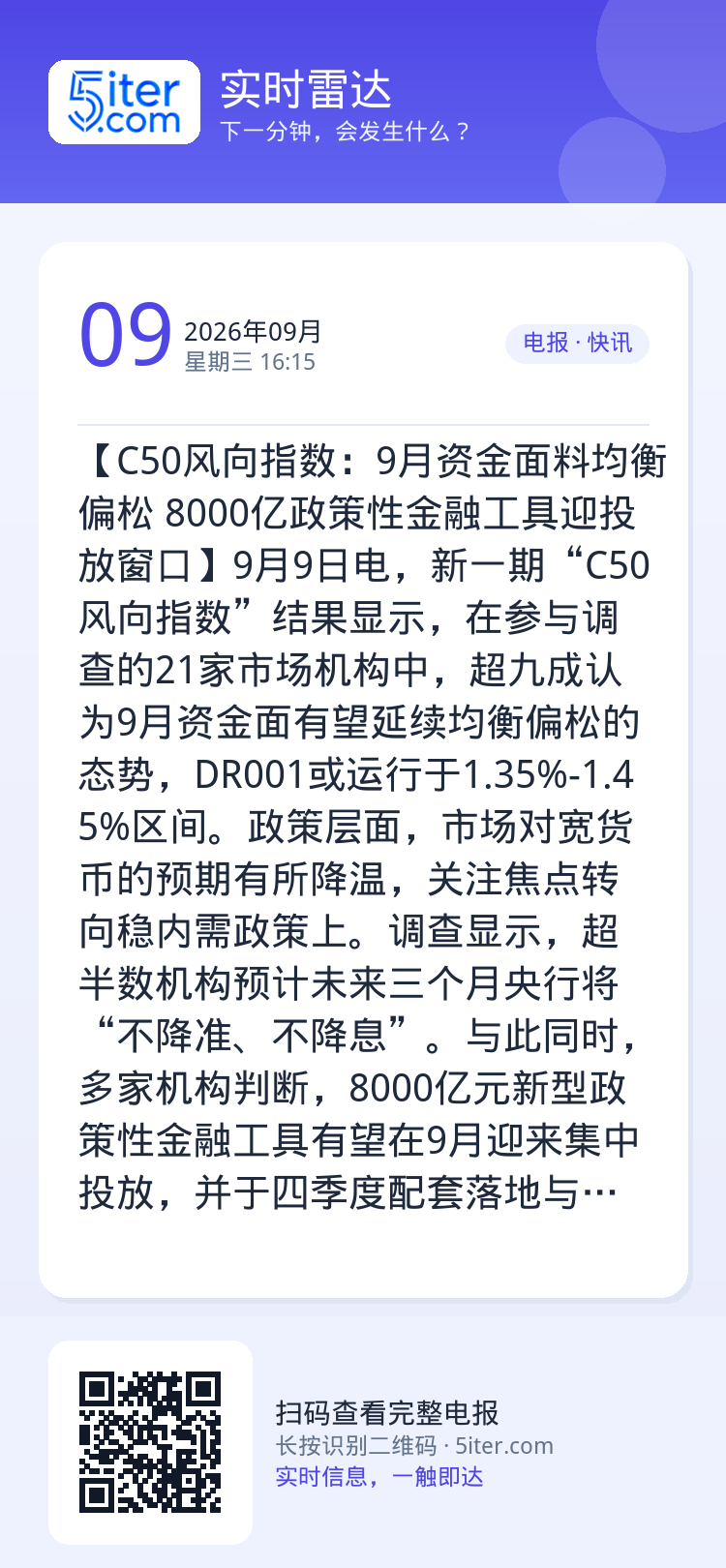 【C50风向指数：9月资金面料均衡偏松 8000亿政策性金融工具迎投放窗口】9月9日电，新一期“C50风向指数”结果显示