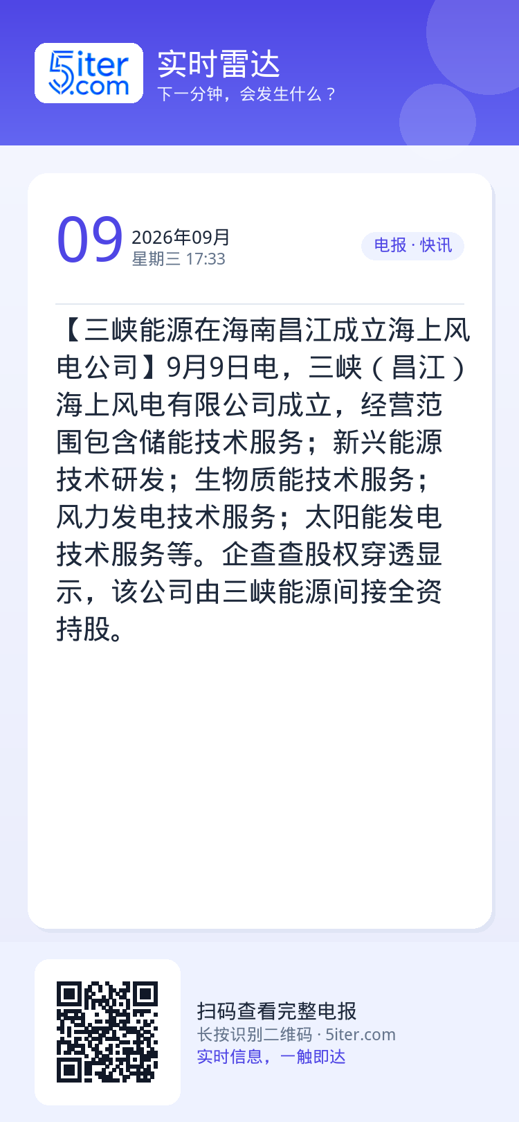 【三峡能源在海南昌江成立海上风电公司】9月9日电，三峡（昌江）海上风电有限公司成立，经营范围包含储能技术服务；新兴能源技