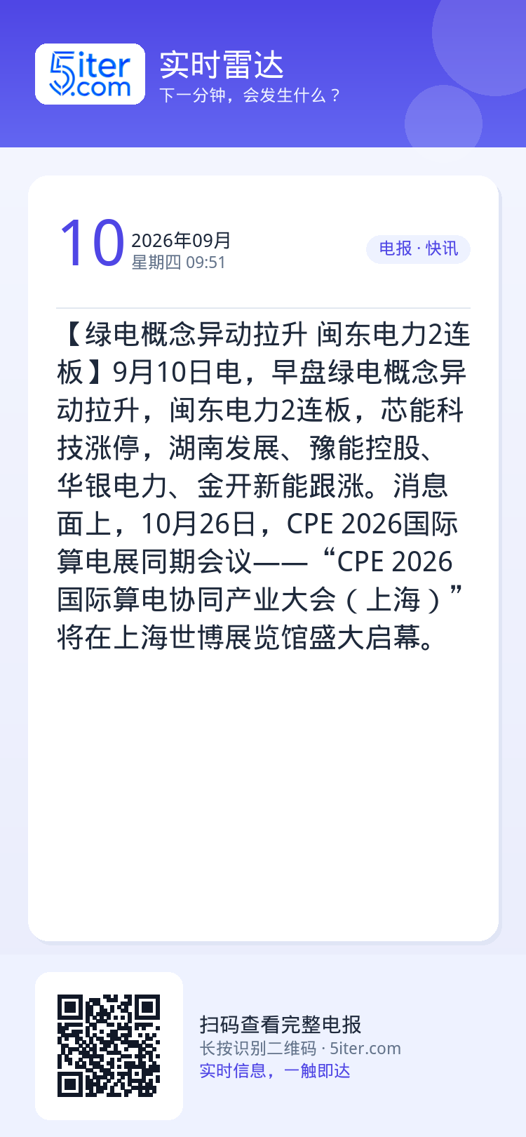 【绿电概念异动拉升 闽东电力2连板】9月10日电，早盘绿电概念异动拉升，闽东电力2连板，芯能科技涨停，湖南发展、豫能控股