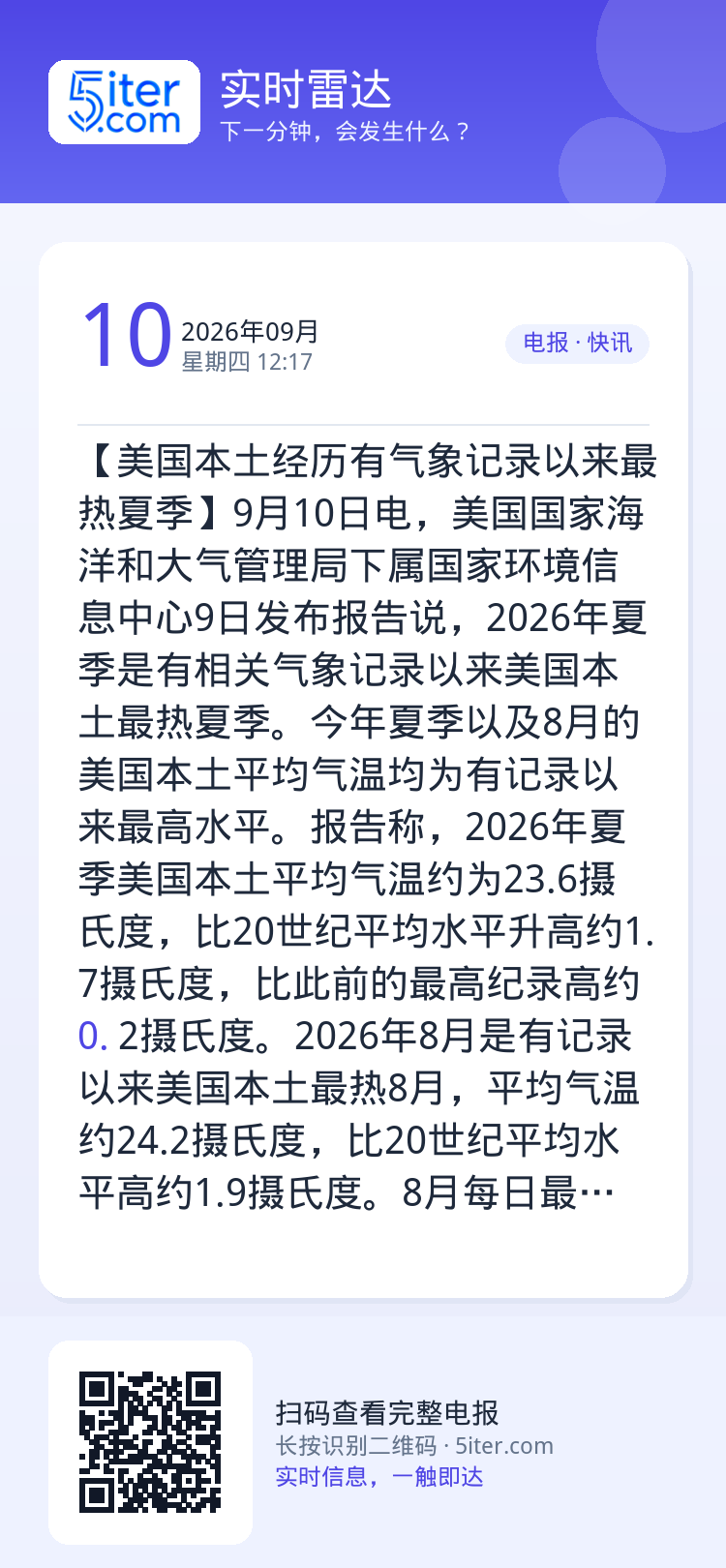【美国本土经历有气象记录以来最热夏季】9月10日电，美国国家海洋和大气管理局下属国家环境信息中心9日发布报告说，2026