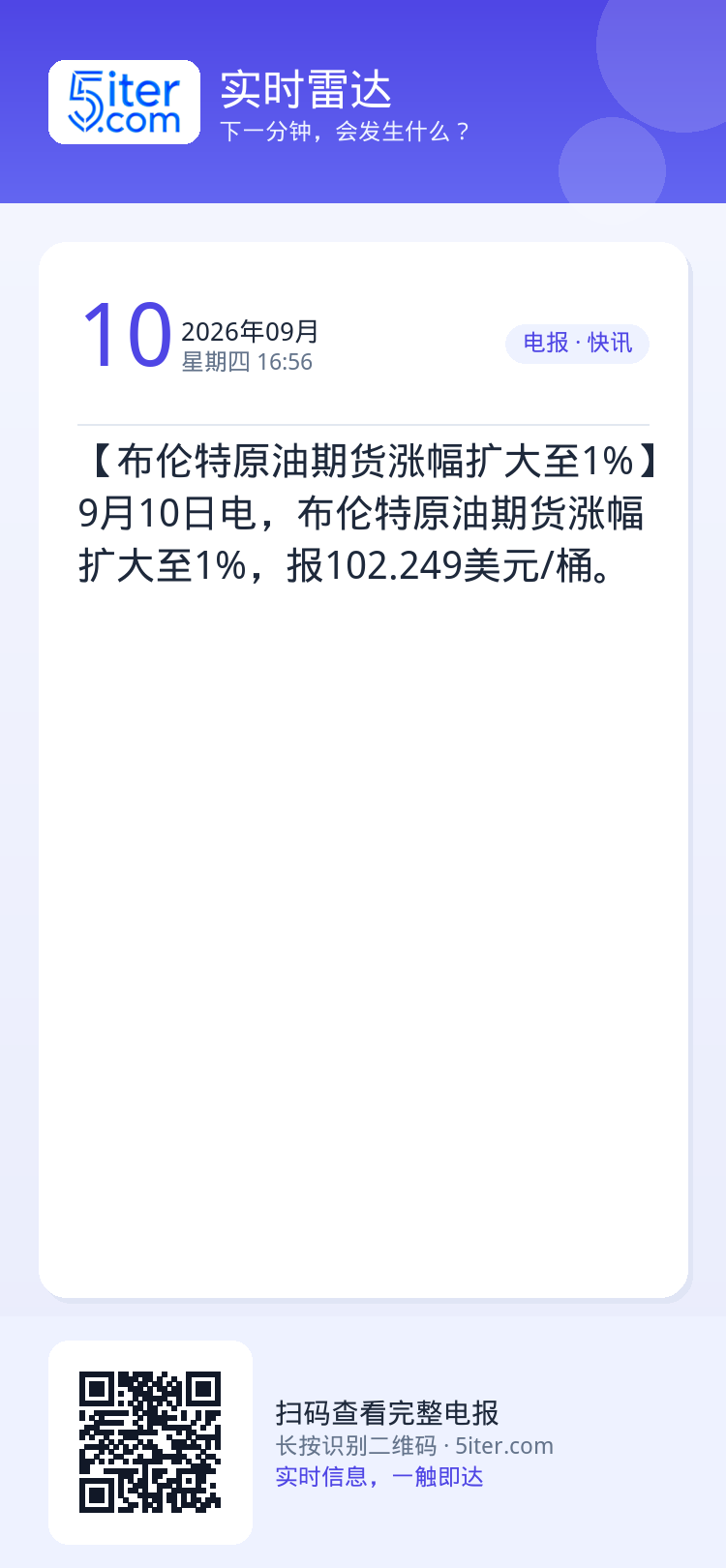 【布伦特原油期货涨幅扩大至1%】9月10日电，布伦特原油期货涨幅扩大至1%，报102.249美元/桶。