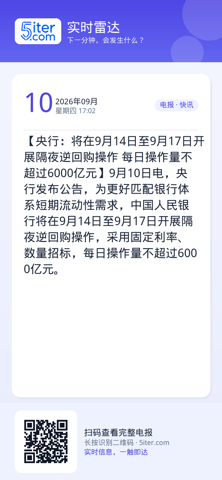 【央行：将在9月14日至9月17日开展隔夜逆回购操作 每日操作量不超过6000亿元】9月10日电，央行发布公告，为更好匹