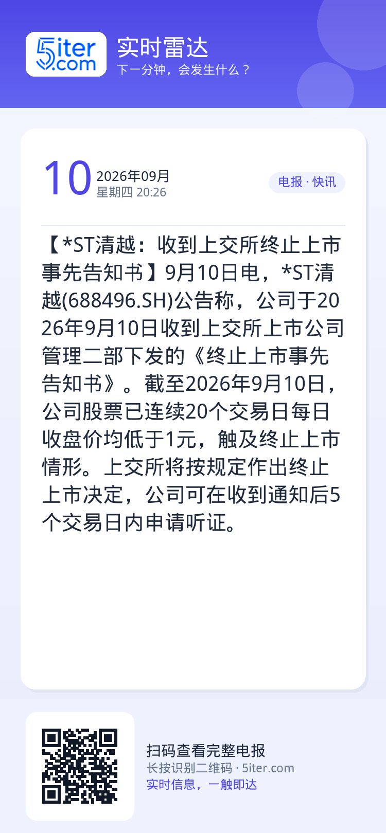 【*ST清越：收到上交所终止上市事先告知书】9月10日电，*ST清越(688496.SH)公告称，公司于2026年9月1