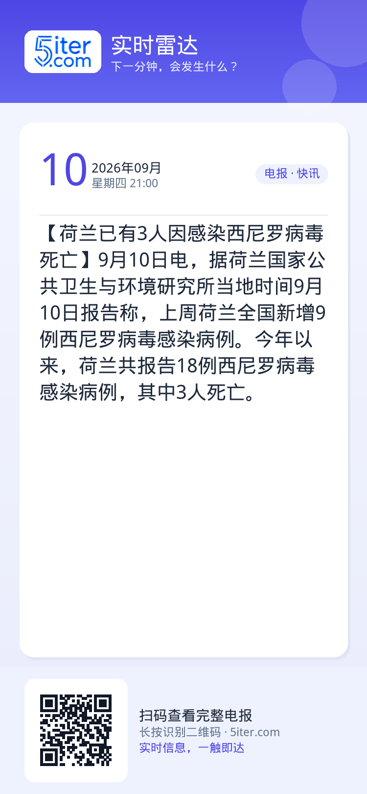 【荷兰已有3人因感染西尼罗病毒死亡】9月10日电，据荷兰国家公共卫生与环境研究所当地时间9月10日报告称，上周荷兰全国新