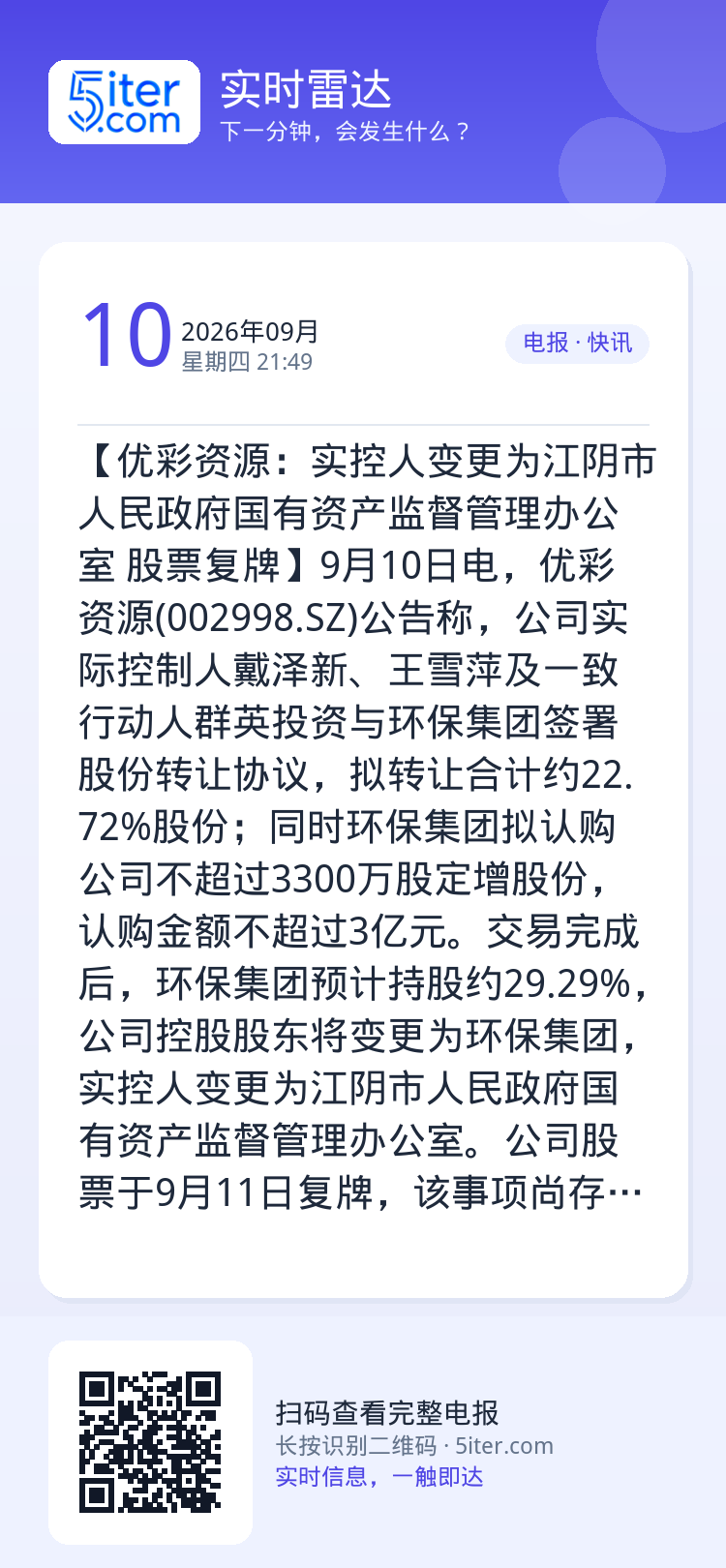 【优彩资源：实控人变更为江阴市人民政府国有资产监督管理办公室 股票复牌】9月10日电，优彩资源(002998.SZ)公告