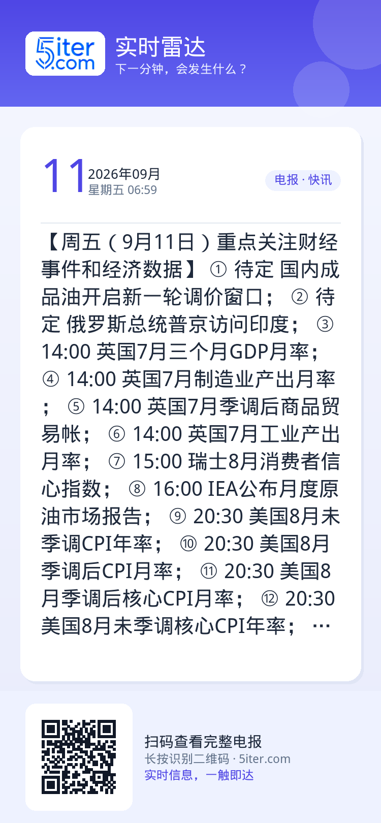 【周五（9月11日）重点关注财经事件和经济数据】
① 待定 国内成品油开启新一轮调价窗口；
② 待定 俄罗斯总统普京访问
