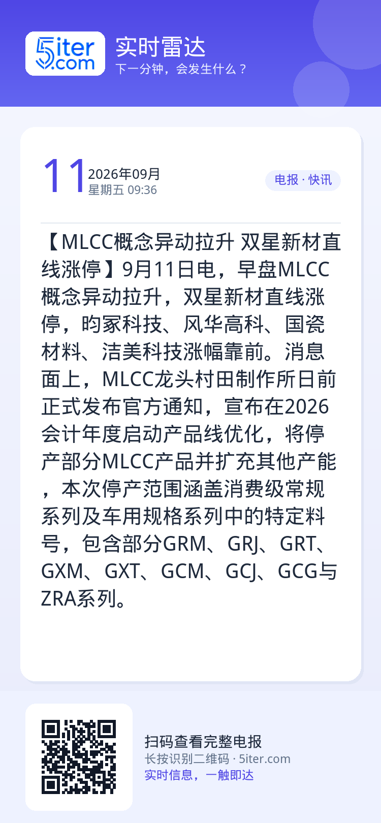 【MLCC概念异动拉升 双星新材直线涨停】9月11日电，早盘MLCC概念异动拉升，双星新材直线涨停，昀冢科技、风华高科、