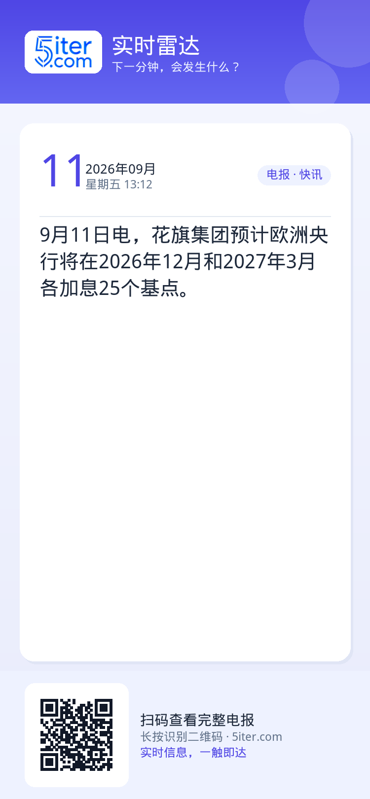 9月11日电，花旗集团预计欧洲央行将在2026年12月和2027年3月各加息25个基点。