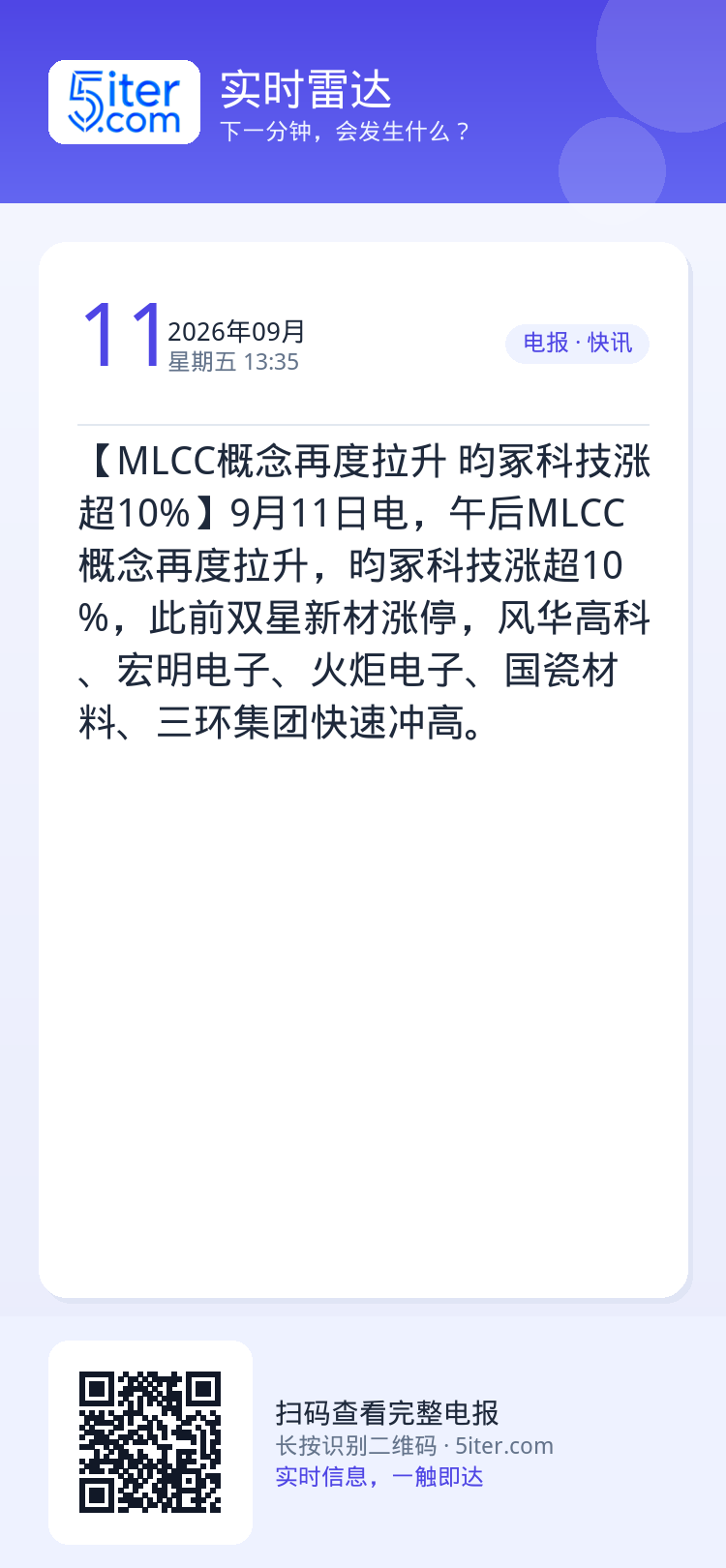 【MLCC概念再度拉升 昀冢科技涨超10%】9月11日电，午后MLCC概念再度拉升，昀冢科技涨超10%，此前双星新材涨停