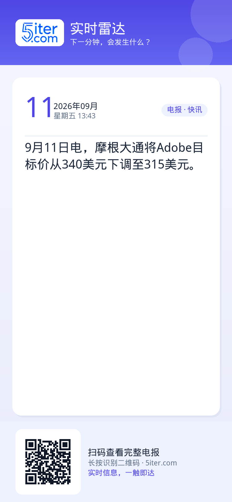 9月11日电，摩根大通将Adobe目标价从‌340美元‌下调至‌315美元‌。