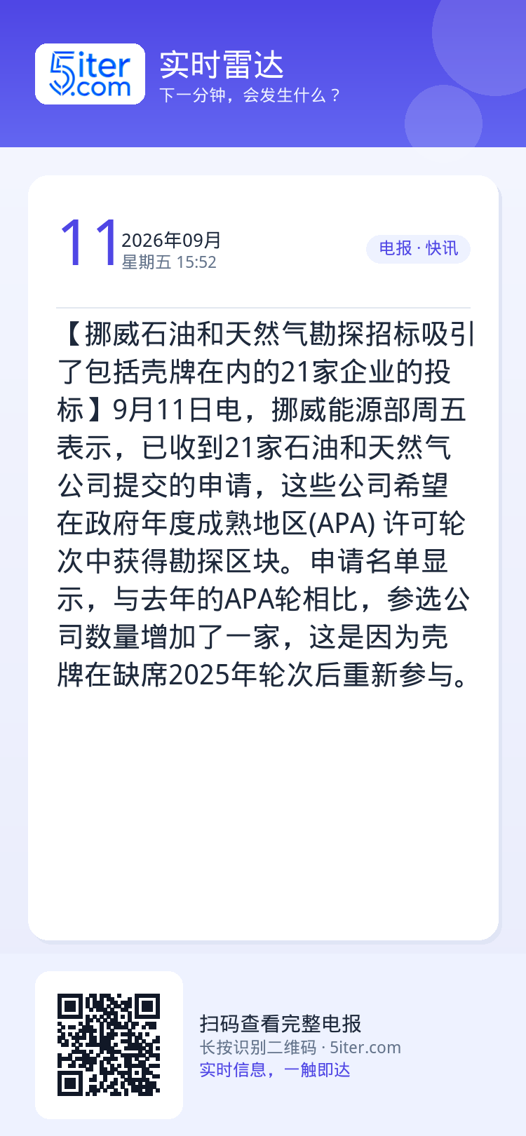 【挪威石油和天然气勘探招标吸引了包括壳牌在内的21家企业的投标】9月11日电，挪威能源部周五表示，已收到21家石油和天然