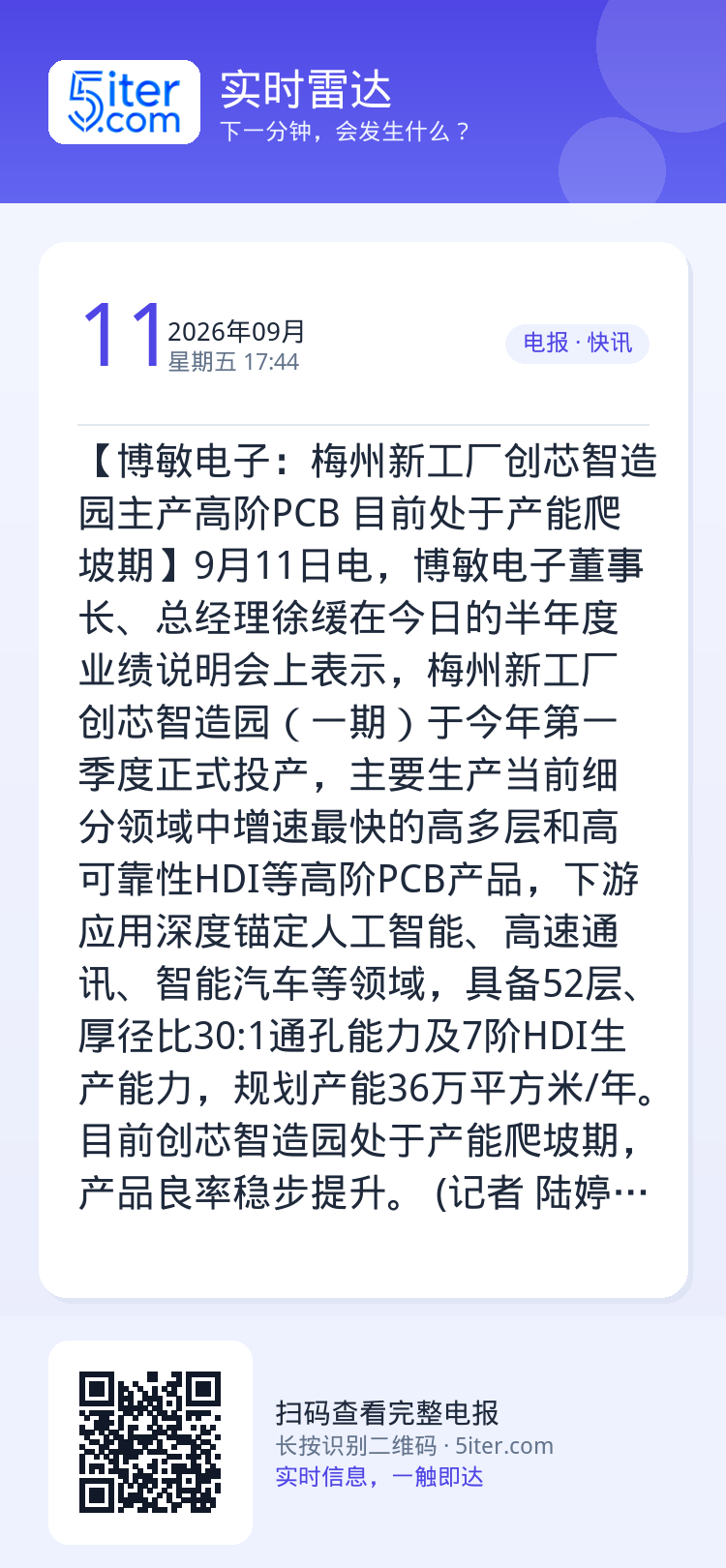 【博敏电子：梅州新工厂创芯智造园主产高阶PCB 目前处于产能爬坡期】9月11日电，博敏电子董事长、总经理徐缓在今日的半年
