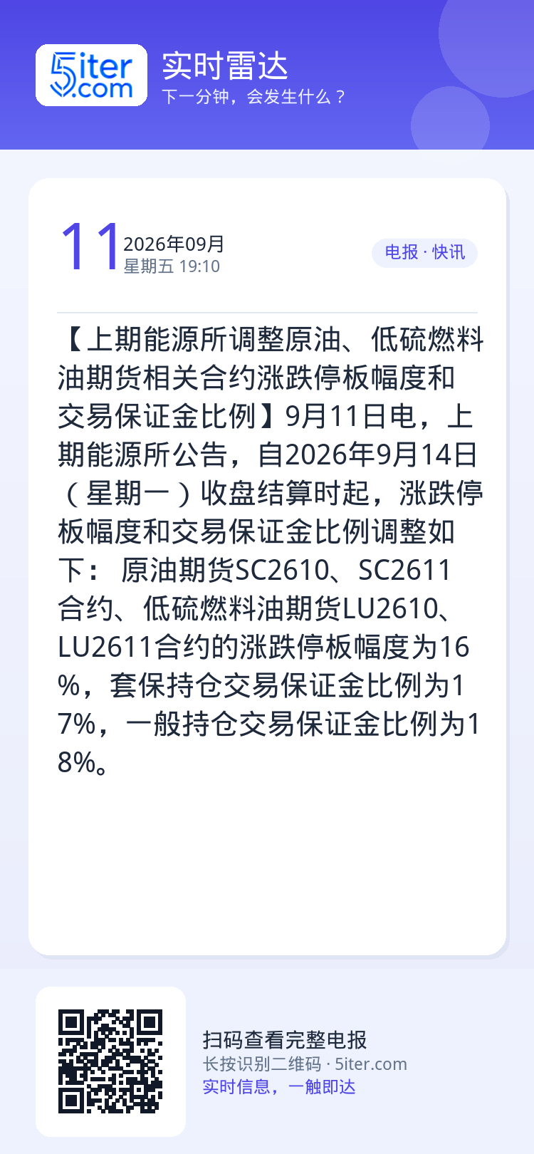 【上期能源所调整原油、低硫燃料油期货相关合约涨跌停板幅度和交易保证金比例】9月11日电，上期能源所公告，自2026年9月