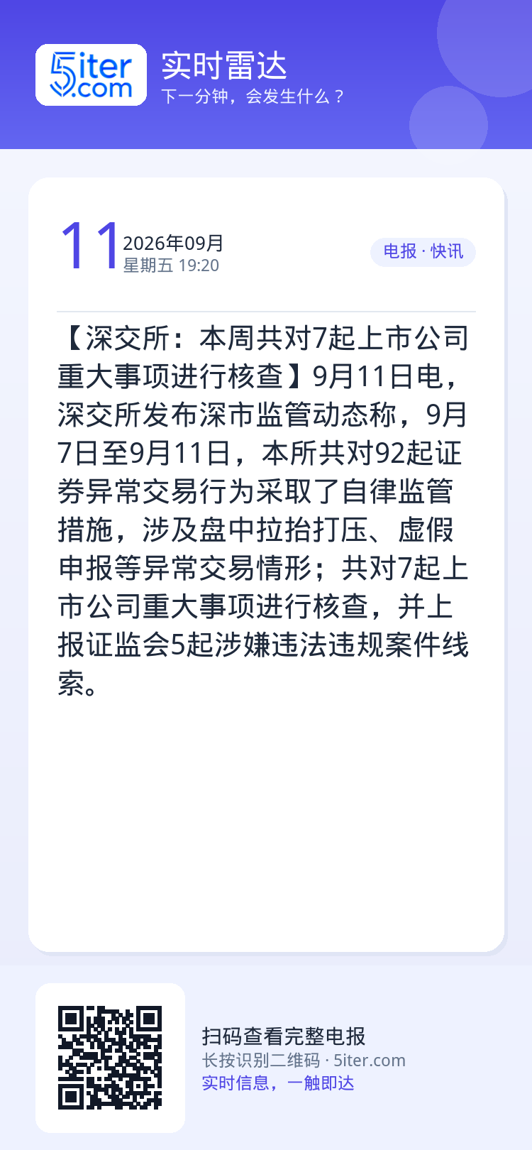 【深交所：本周共对7起上市公司重大事项进行核查】9月11日电，深交所发布深市监管动态称，9月7日至9月11日，本所共对9