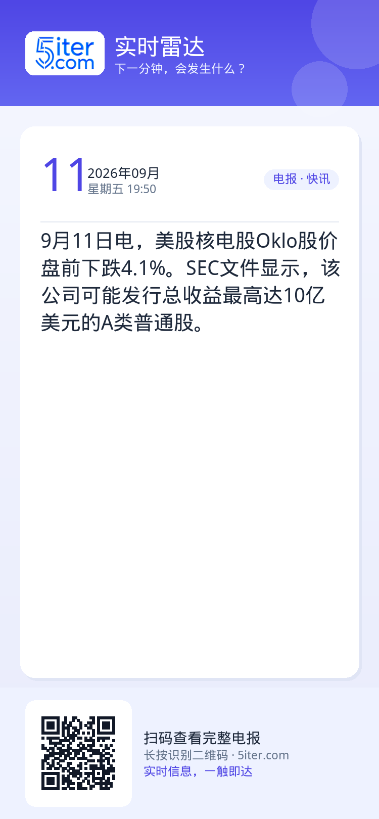 9月11日电，美股核电股Oklo股价盘前下跌4.1%。SEC文件显示，该公司可能发行总收益最高达10亿美元的A类普通股。
