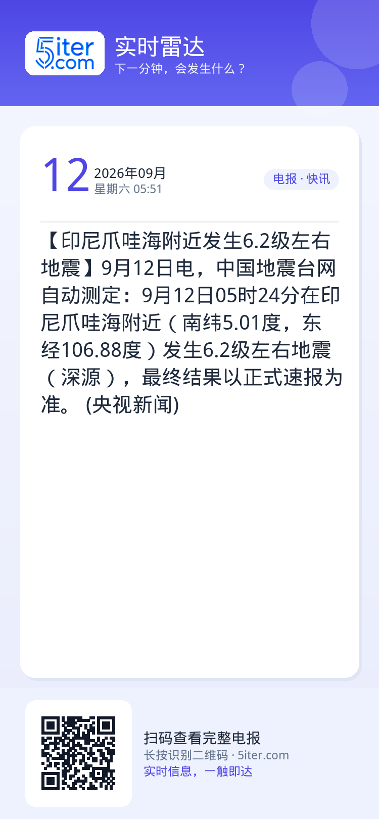 【印尼爪哇海附近发生6.2级左右地震】9月12日电，中国地震台网自动测定：9月12日05时24分在印尼爪哇海附近（南纬5