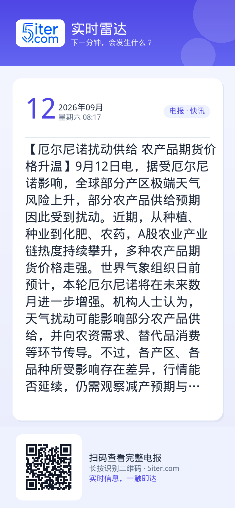 【厄尔尼诺扰动供给 农产品期货价格升温】9月12日电，据受厄尔尼诺影响，全球部分产区极端天气风险上升，部分农产品供给预期