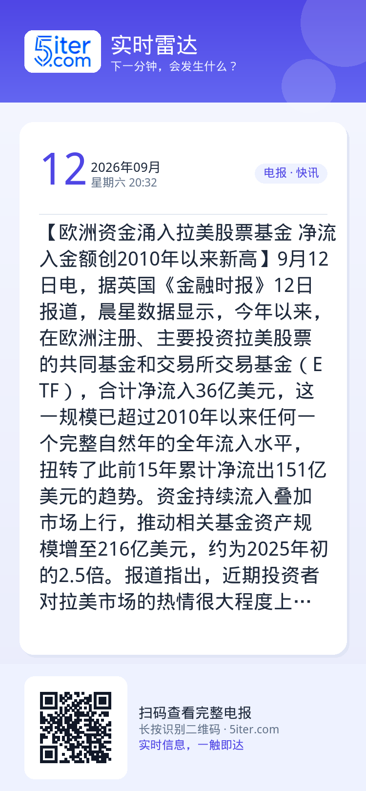 【欧洲资金涌入拉美股票基金 净流入金额创2010年以来新高】9月12日电，据英国《金融时报》12日报道，晨星数据显示，今