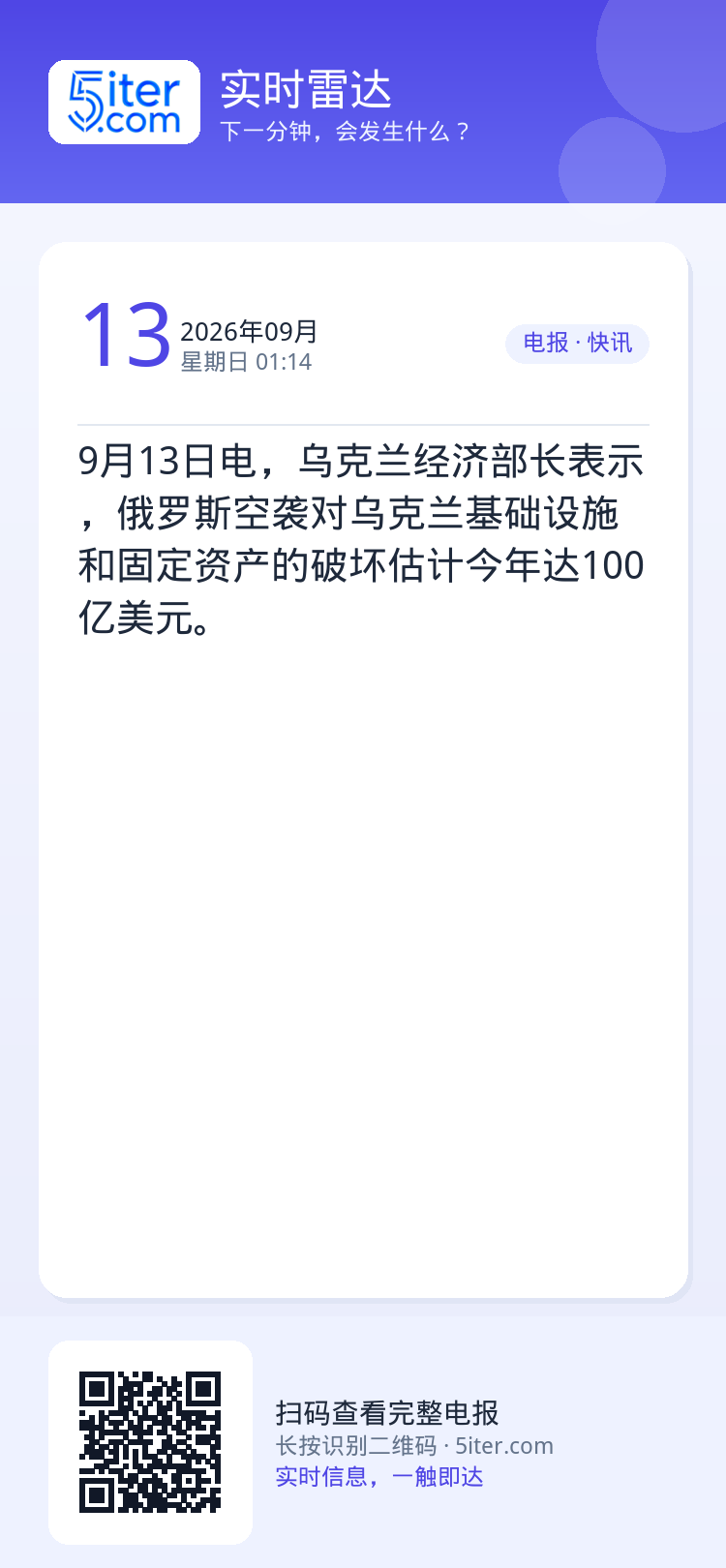 9月13日电，乌克兰经济部长表示，俄罗斯空袭对乌克兰基础设施和固定资产的破坏估计今年达100亿美元。