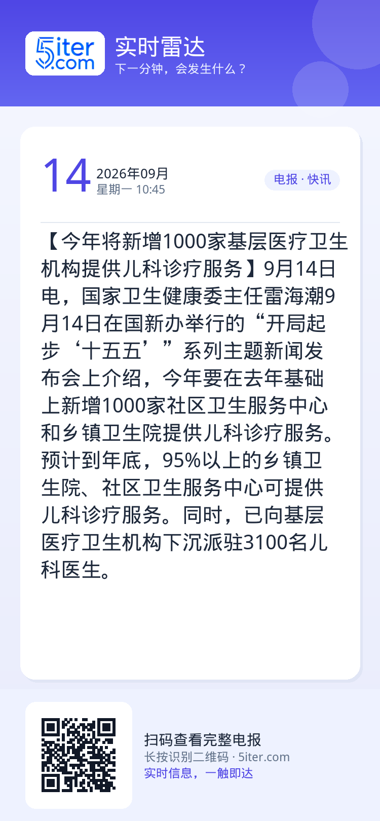 【今年将新增1000家基层医疗卫生机构提供儿科诊疗服务】9月14日电，国家卫生健康委主任雷海潮9月14日在国新办举行的“