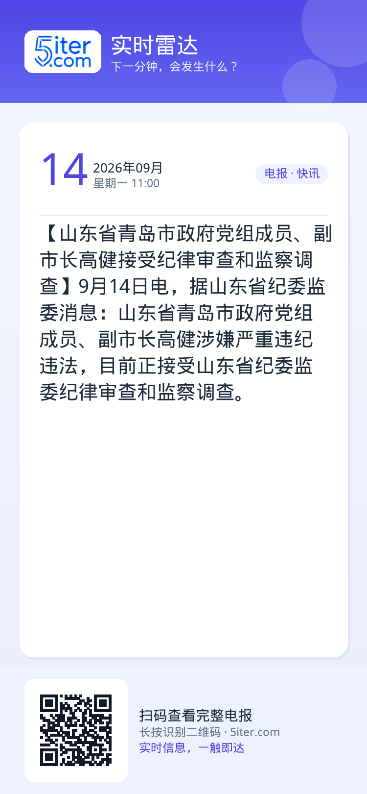 【山东省青岛市政府党组成员、副市长高健接受纪律审查和监察调查】9月14日电，据山东省纪委监委消息：山东省青岛市政府党组成