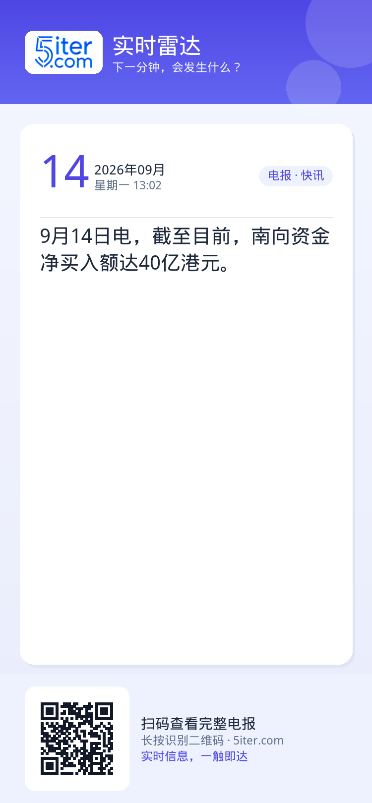 9月14日电，截至目前，南向资金净买入额达40亿港元。