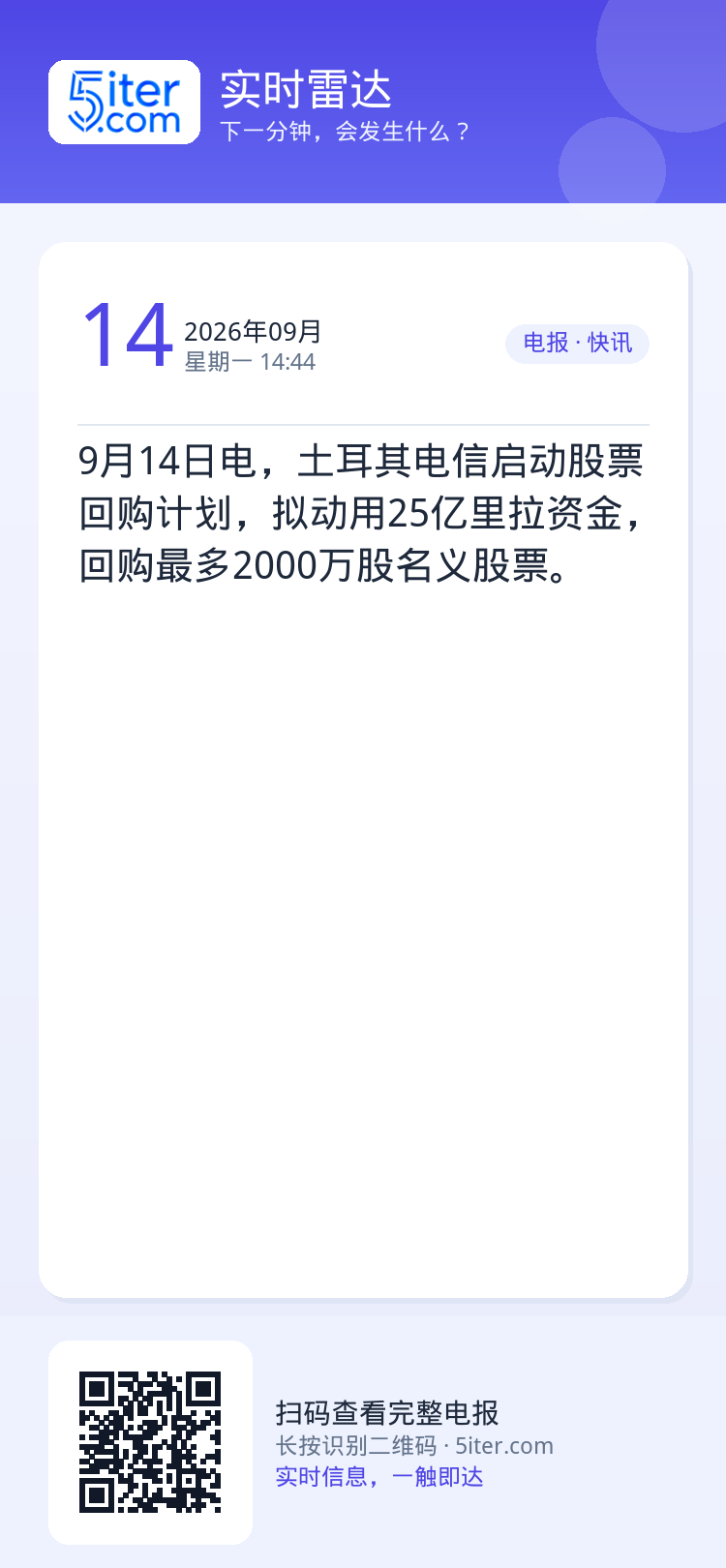 9月14日电，土耳其电信启动股票回购计划，拟动用25亿里拉资金，回购最多2000万股名义股票。