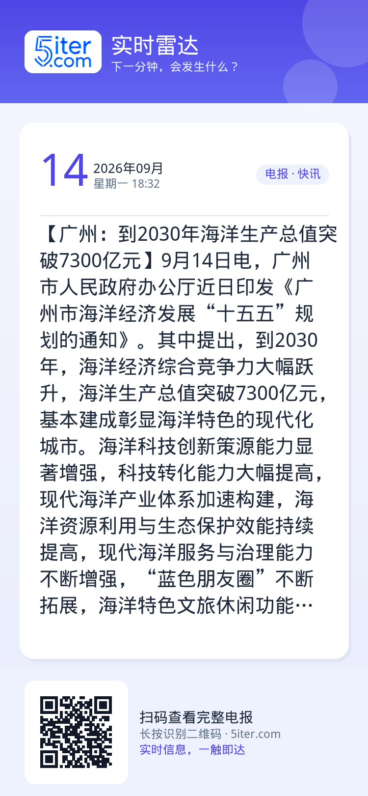【广州：到2030年海洋生产总值突破7300亿元】9月14日电，广州市人民政府办公厅近日印发《广州市海洋经济发展“十五五
