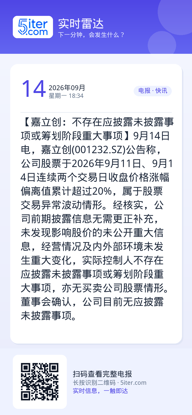 【嘉立创：不存在应披露未披露事项或筹划阶段重大事项】9月14日电，嘉立创(001232.SZ)公告称，公司股票于2026