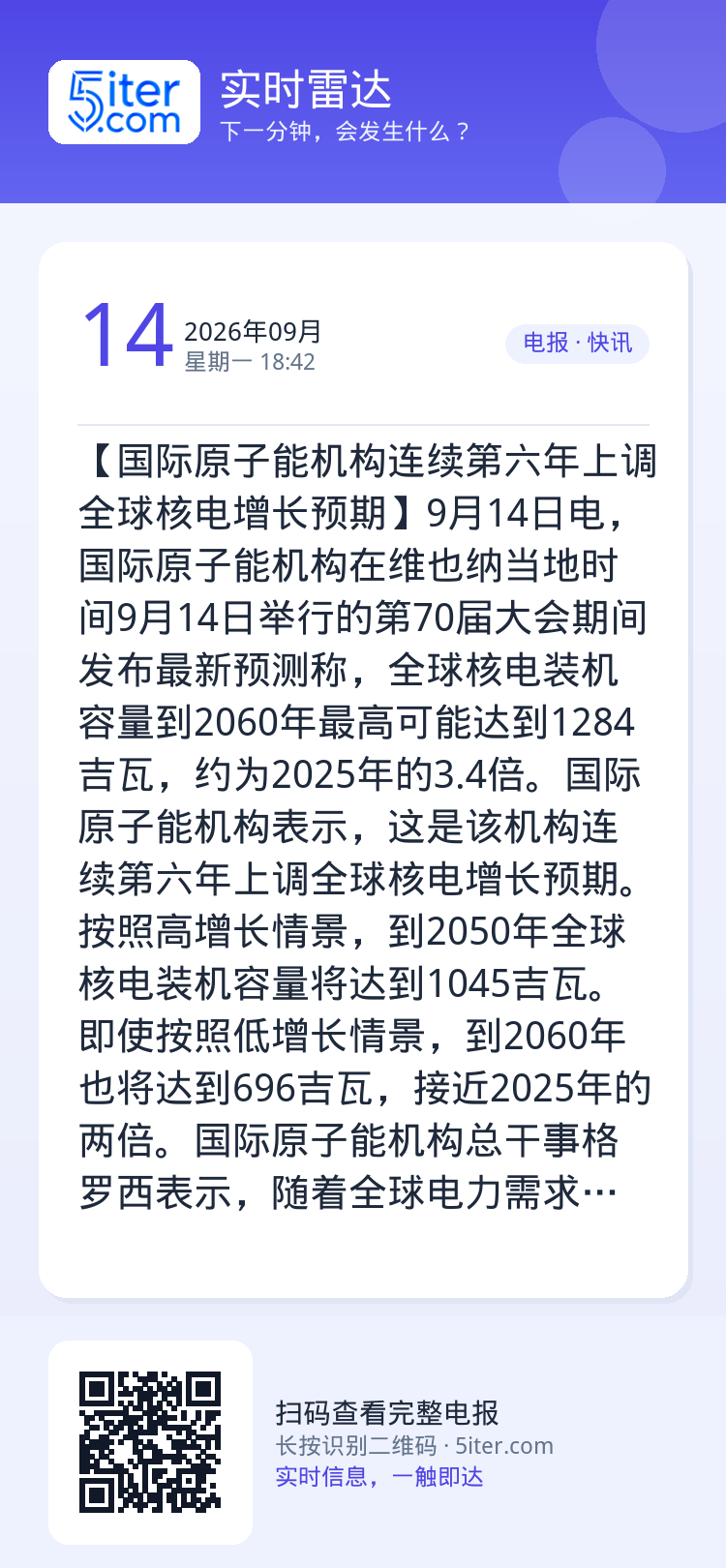 【国际原子能机构连续第六年上调全球核电增长预期】9月14日电，国际原子能机构在维也纳当地时间9月14日举行的第70届大会