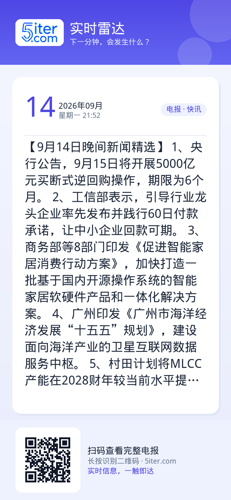【9月14日晚间新闻精选】
1、央行公告，9月15日将开展5000亿元买断式逆回购操作，期限为6个月。
2、工信部表示，