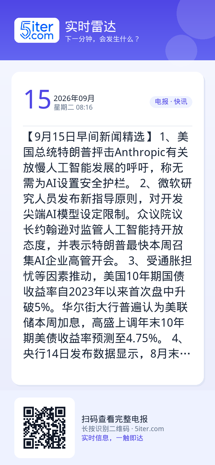 【9月15日早间新闻精选】
1、美国总统特朗普抨击Anthropic有关放慢人工智能发展的呼吁，称无需为AI设置安全护栏