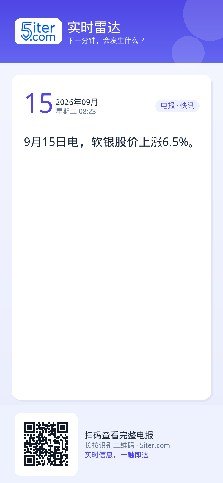 9月15日电，软银股价上涨6.5%。