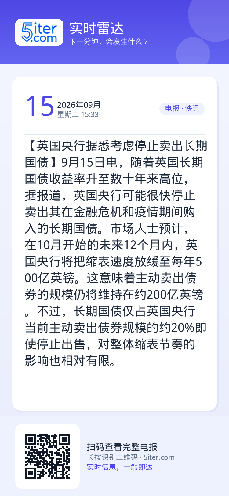 【英国央行据悉考虑停止卖出长期国债】9月15日电，随着英国长期国债收益率升至数十年来高位，据报道，英国央行可能很快停止卖
