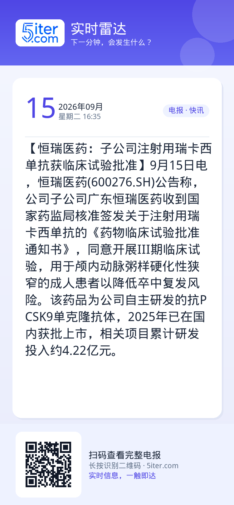 【恒瑞医药：子公司注射用瑞卡西单抗获临床试验批准】9月15日电，恒瑞医药(600276.SH)公告称，公司子公司广东恒瑞