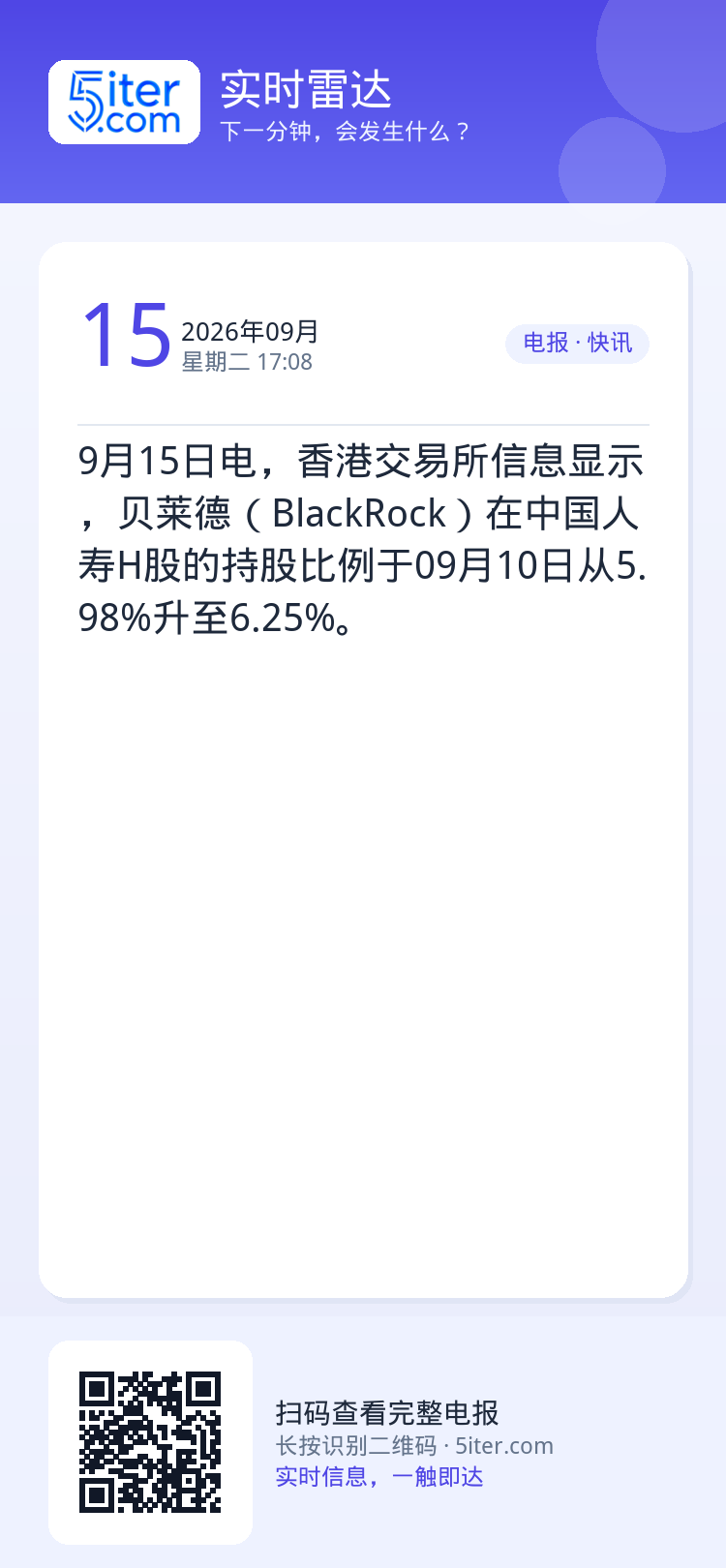9月15日电，香港交易所信息显示，贝莱德（BlackRock）在中国人寿H股的持股比例于09月10日从5.98%升至6.