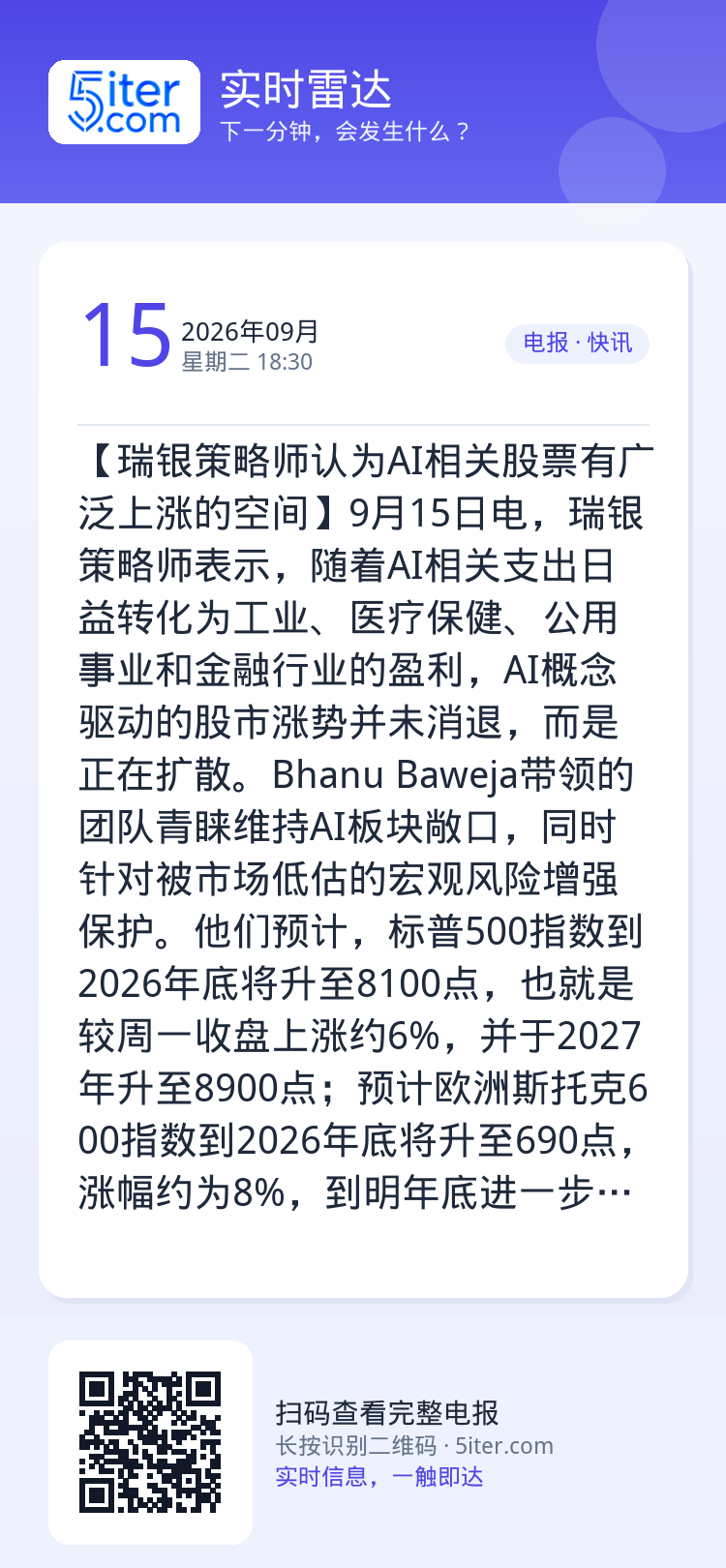 【瑞银策略师认为AI相关股票有广泛上涨的空间】9月15日电，瑞银策略师表示，随着AI相关支出日益转化为工业、医疗保健、公