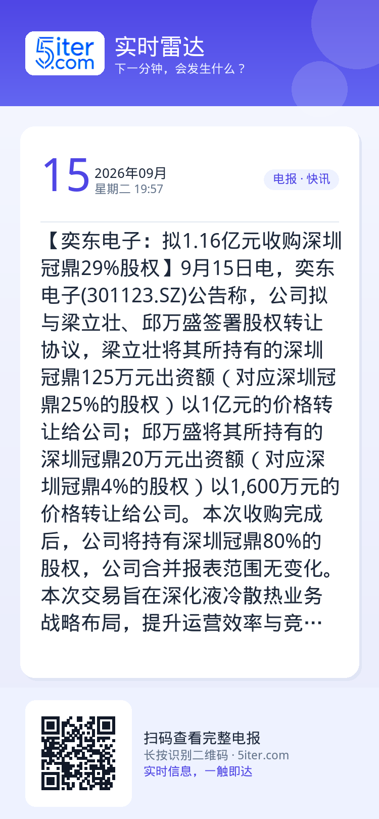 【奕东电子：拟1.16亿元收购深圳冠鼎29%股权】9月15日电，奕东电子(301123.SZ)公告称，公司拟与梁立壮、邱