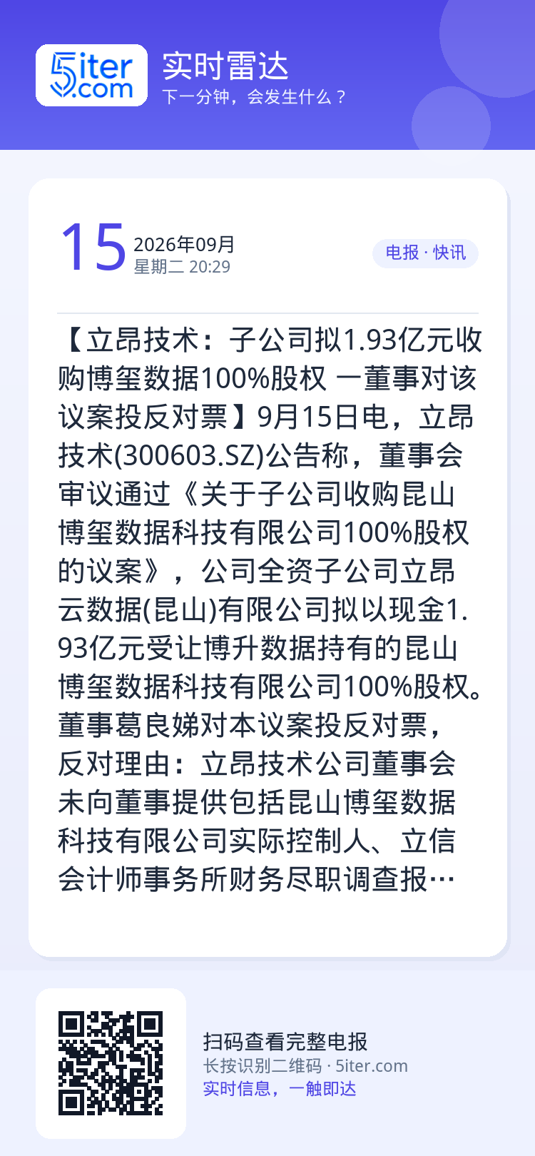 【立昂技术：子公司拟1.93亿元收购博玺数据100%股权 一董事对该议案投反对票】9月15日电，立昂技术(300603.