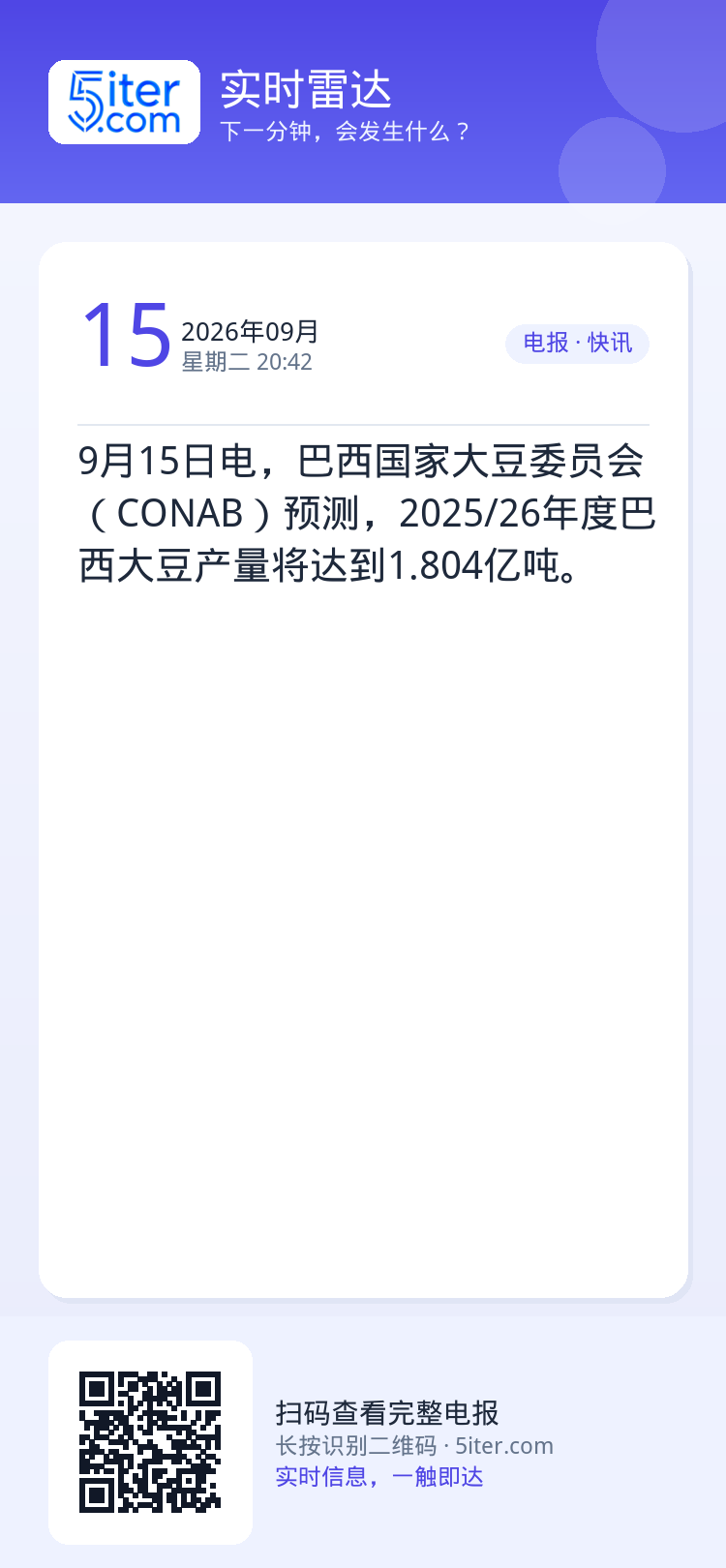 9月15日电，巴西国家大豆委员会（CONAB）预测，2025/26年度巴西大豆产量将达到1.804亿吨。