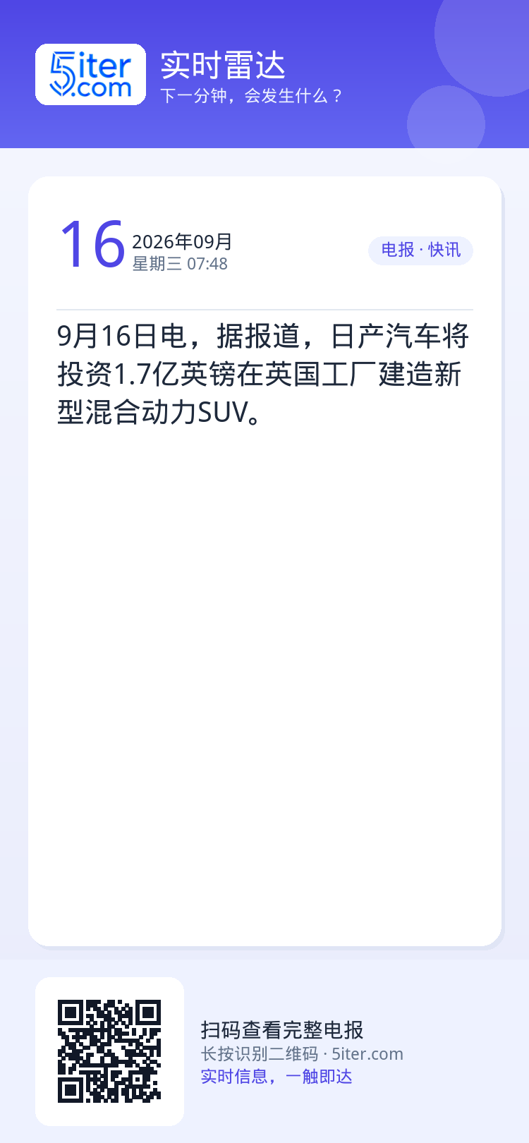 9月16日电，据报道，日产汽车将投资1.7亿英镑在英国工厂建造新型混合动力SUV。