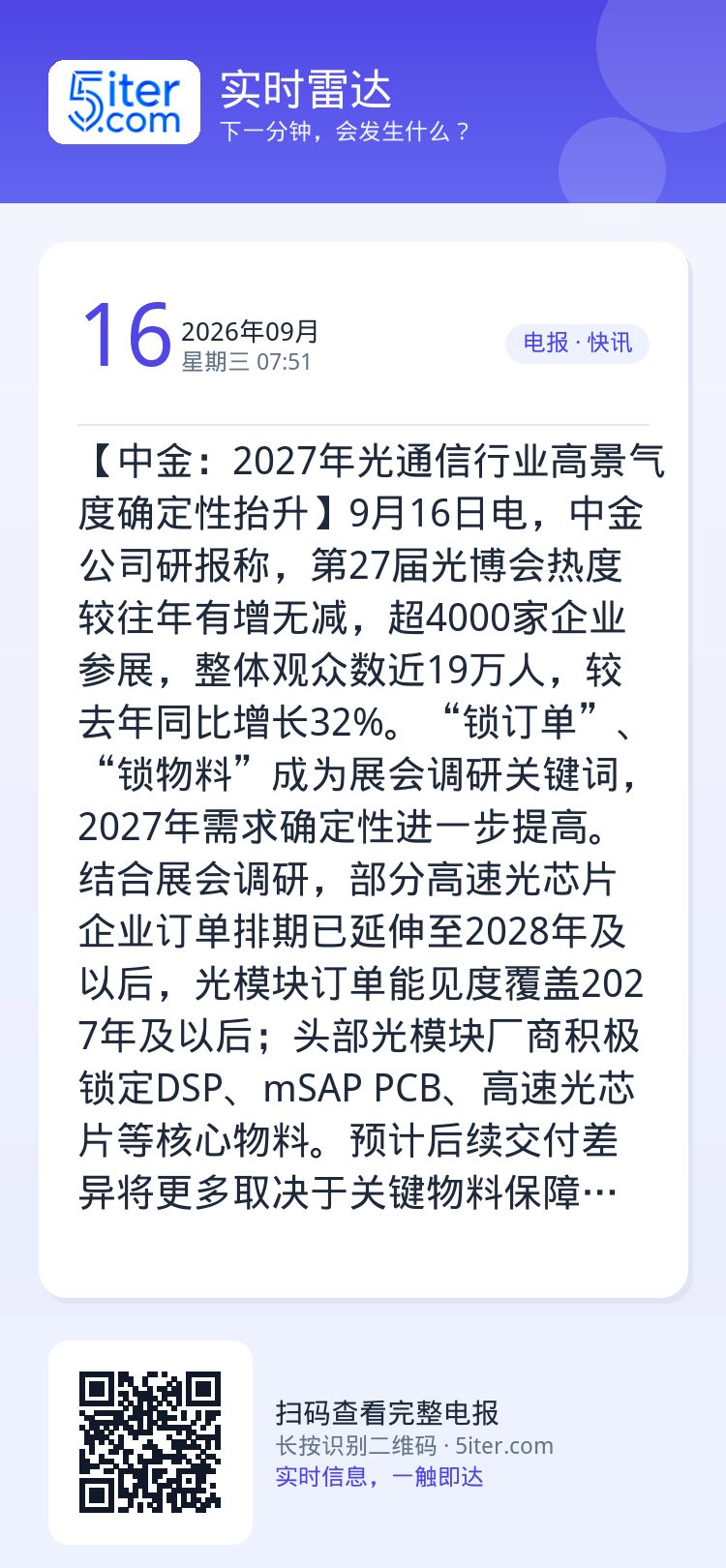 【中金：2027年光通信行业高景气度确定性抬升】9月16日电，中金公司研报称，第27届光博会热度较往年有增无减，超400