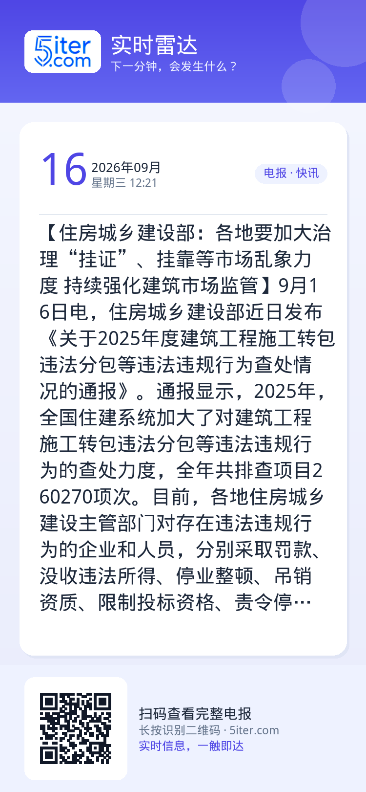 【住房城乡建设部：各地要加大治理“挂证”、挂靠等市场乱象力度 持续强化建筑市场监管】9月16日电，住房城乡建设部近日发布